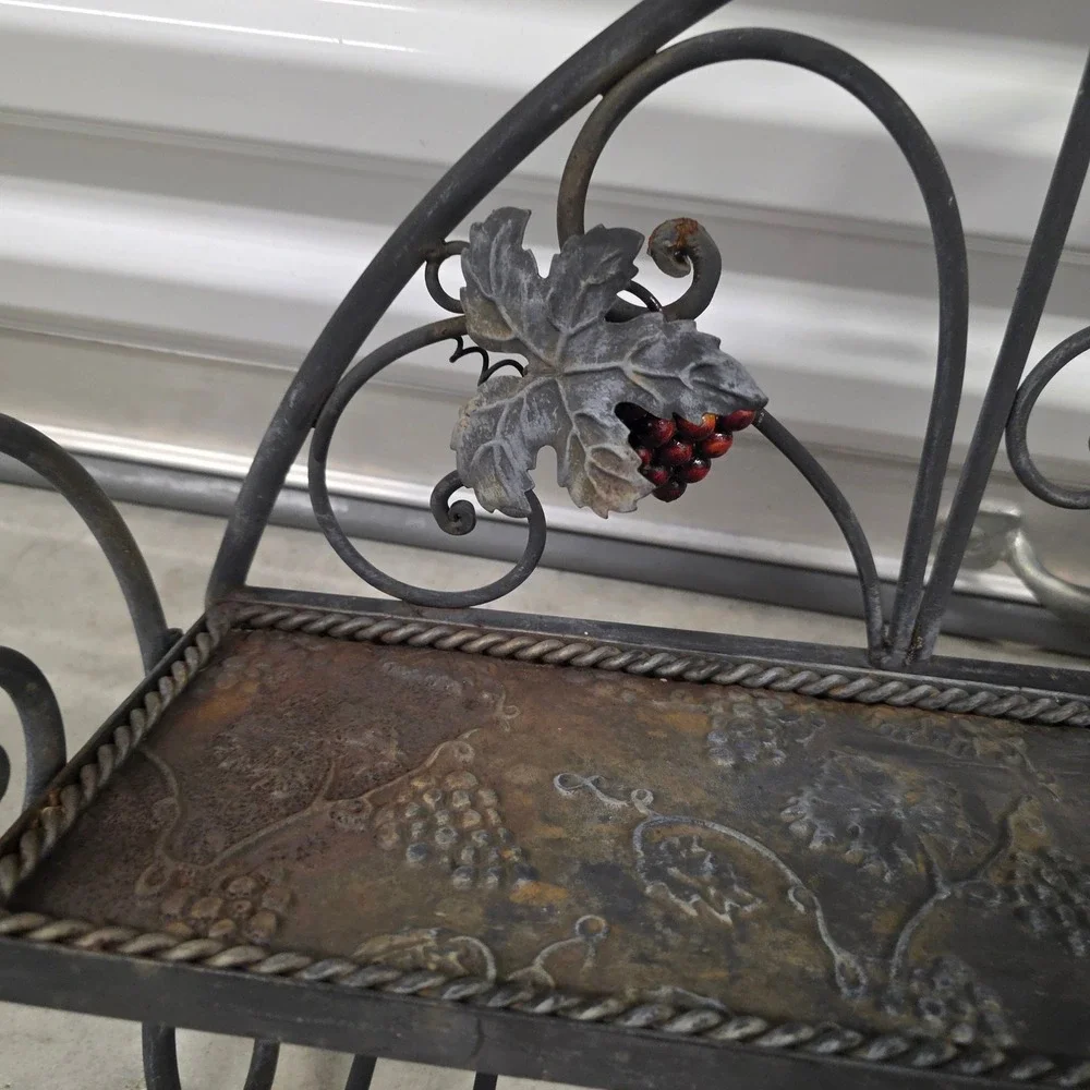 Wrought Iron Wall Mounted Wine Rack Stemware Glass Holder Grape Leaf Rustic Deco
